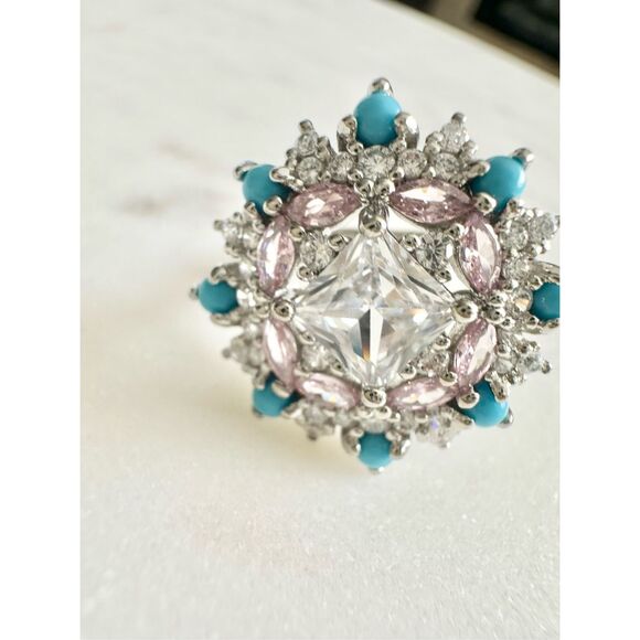 Light pink and turquoise blue cubic zirconia adjustable cocktail ring ￼ - Picture 2 of 8